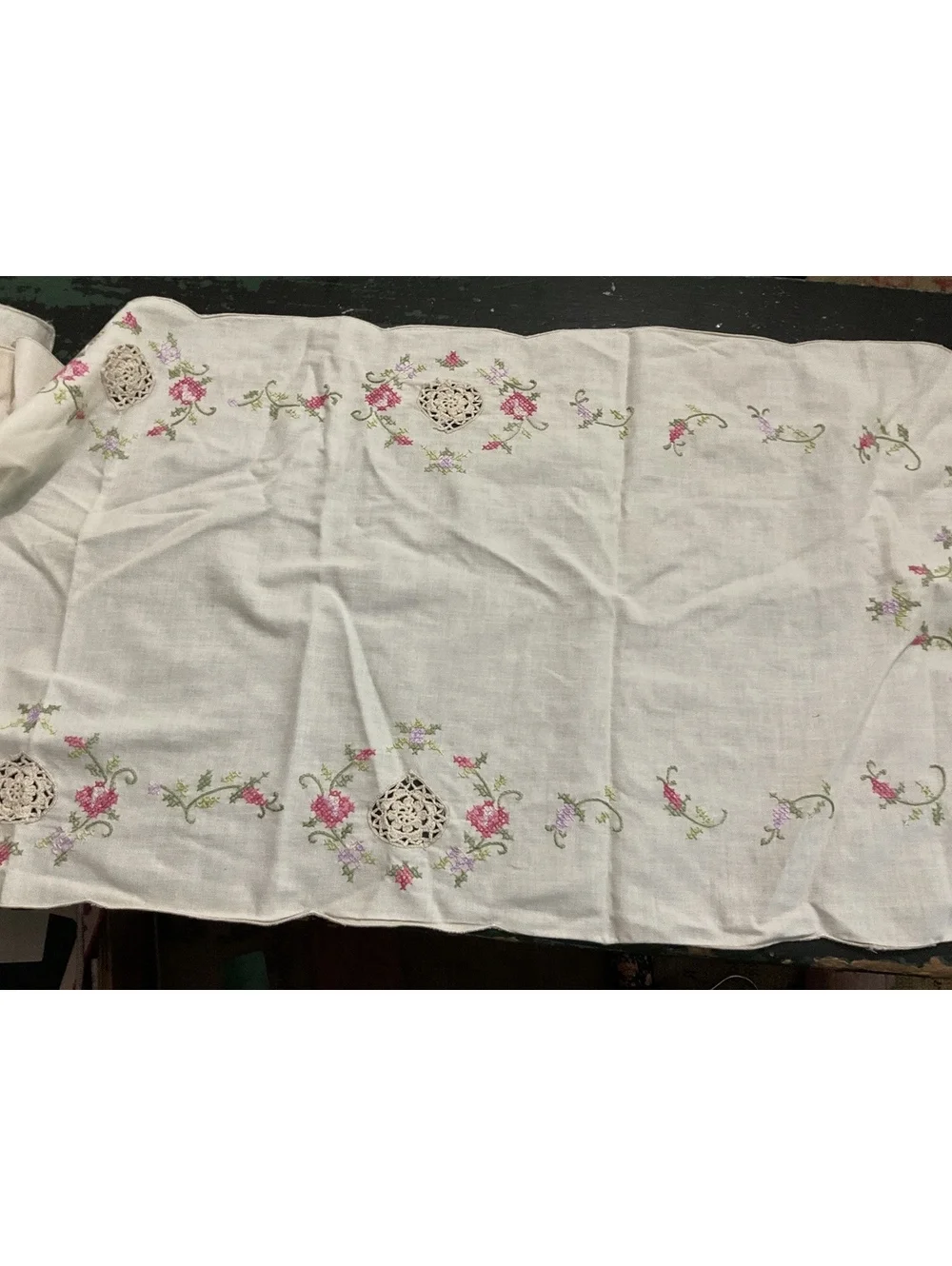 Vintage Embroidered Linen Table Runner with Heart Cutwork 53 1/2” x 15”
